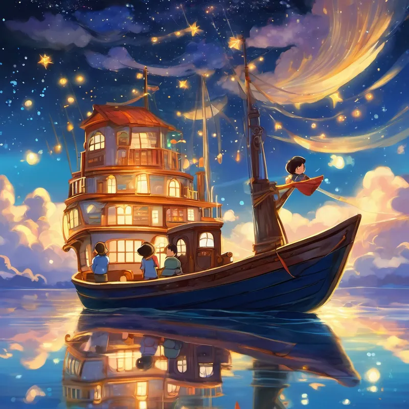 Suddenly, they noticed a dazzling boat floating amongst the clouds. It sparkled with the shimmer of a thousand stars, creating a beautiful dance of twinkling lights all around. Lau and Kerry could hardly believe their eyes! Without hesitation, they climbed aboard the magical boat, their faces filled with serene expressions, as they knew an extraordinary adventure awaited them. As the boat sailed through the ethereal clouds, Lau and Kerry marveled at the graceful stars that adorned the sky like glittering diamonds. Each star seemed to have a unique story to tell, whispering secrets through their twinkling light. The friends listened intently, captivated by the enchanting tales.