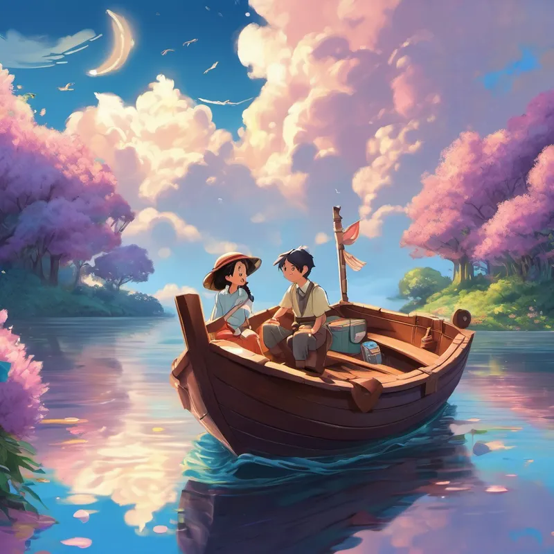 Reluctantly, it was time for Lau and Kerry to leave their candy paradise. They climbed back onto their floating boat, waving goodbye to the sugary land and its wonderful inhabitants. As the boat soared among the clouds once more, a gentle breeze blew, carrying their laughter and memories along with it. As dawn approached, the boat tenderly descended, guiding Lau and Kerry back to their warm beds. They cuddled up, their hearts brimming with happiness, knowing that the magical journey would forever live within their dreams.