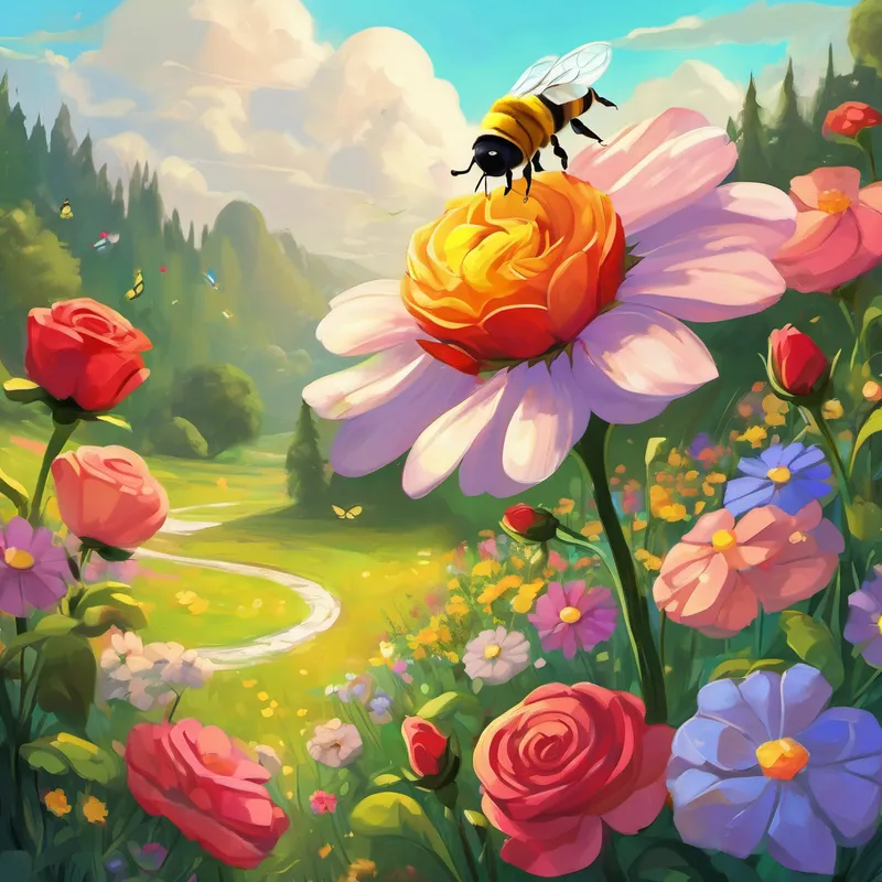 Once upon a time, in a colorful meadow, there lived a little bee named Buzz. Buzz loved to explore the world, fly from flower to flower, and collect nectar to make sweet honey. He had a special friendship with a beautiful rose flower named Rosie, and together they created a magical bond.