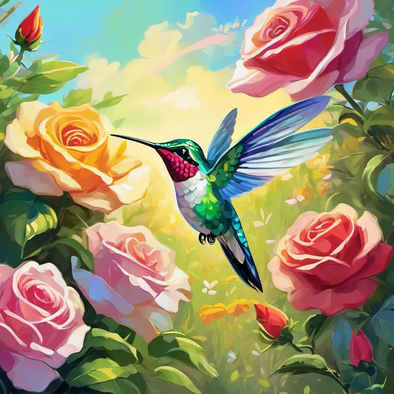 One sunny day, a brilliant hummingbird named Flutter flew into the meadow. With wings that shimmered like a rainbow, Flutter captured everyone's attention. The little bee and the graceful rose couldn't help but be amazed by the hummingbird's beauty.