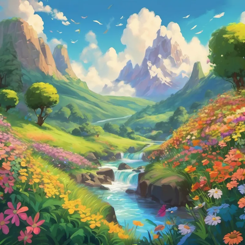 Finally, after months of exploration, Buzz, Rosie, and Flutter reached a place unlike anything they had ever seen before. There, they discovered a hidden valley filled with flowers of all shapes, sizes, and colors. It was a paradise where artistry and beauty flourished.