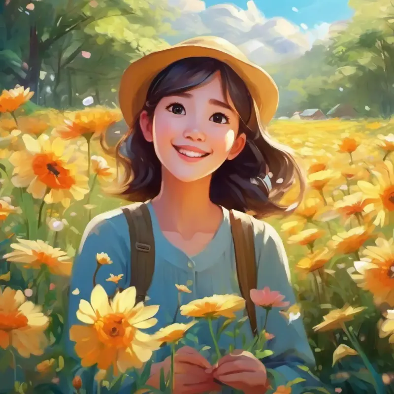 Flowers bloom in correlation with Young girl with bright eyes, cheerful, loves nature's happiness.