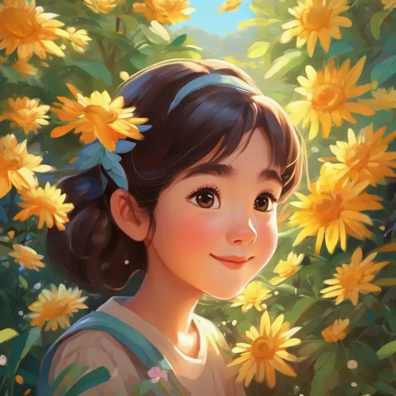 Ending with a full bloom and Young girl with bright eyes, cheerful, loves nature's sense of accomplishment.