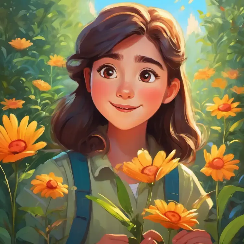 Young girl with bright eyes, cheerful, loves nature discovers a flower that struggles to bloom.