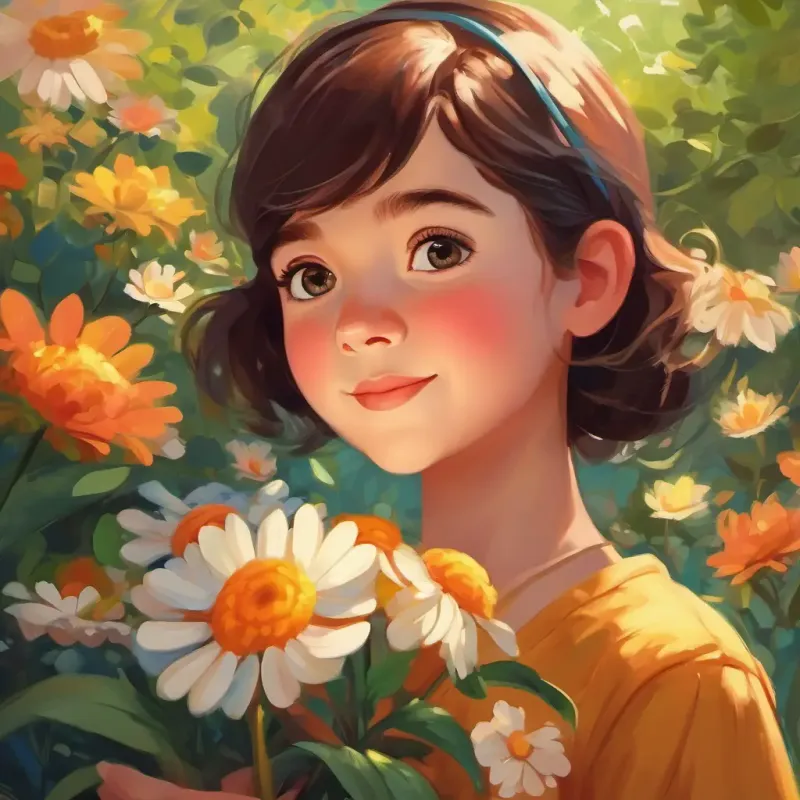 Young girl with bright eyes, cheerful, loves nature nurturing the stubborn flower with attention.