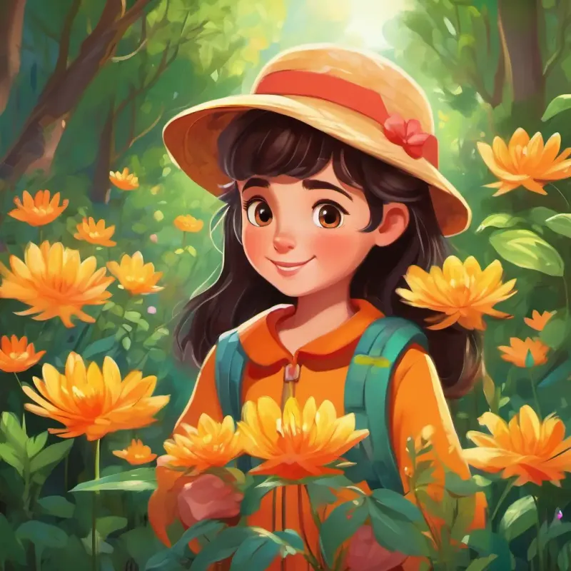 Young girl with bright eyes, cheerful, loves nature talks and encourages the flower to grow.
