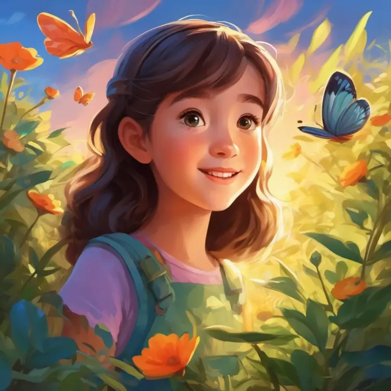 Despite the challenge, Young girl with bright eyes, cheerful, loves nature continues her care.