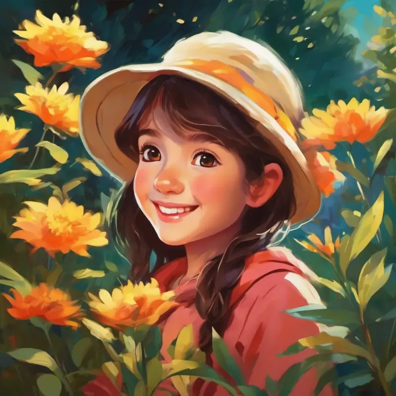 Young girl with bright eyes, cheerful, loves nature's joy in response to the budding flower.