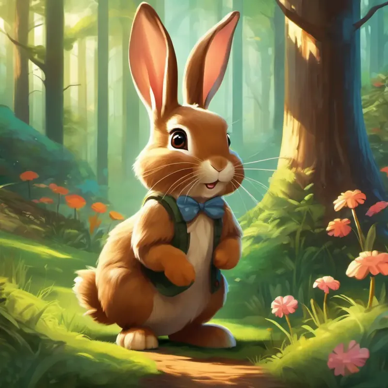 Introduction to the setting and the main character, Fluffy brown rabbit, bright-eyed, and curious the rabbit, in the magical forest.