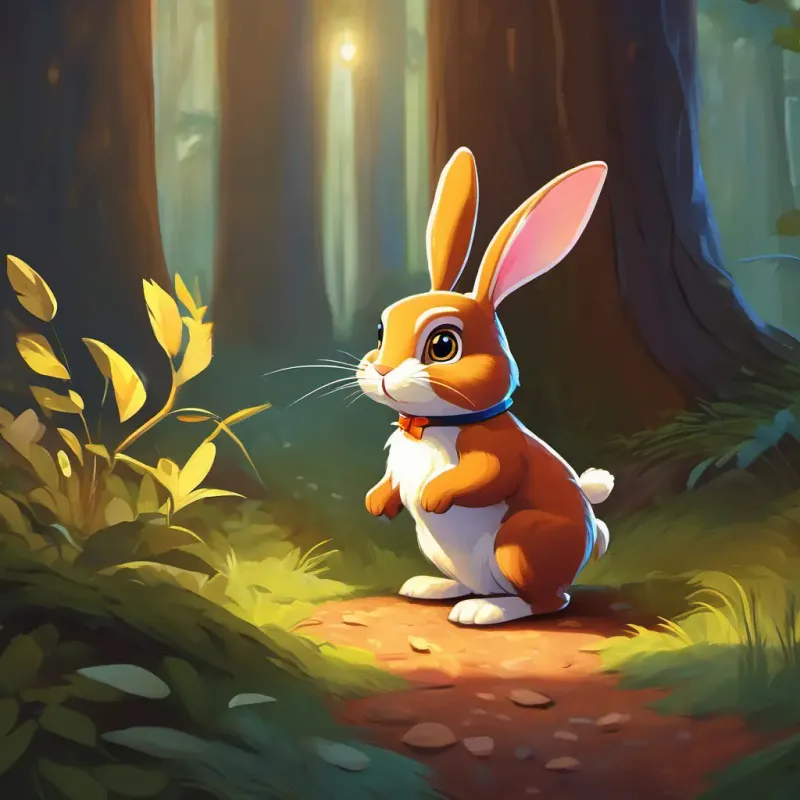 Fluffy brown rabbit, bright-eyed, and curious learns about finding delicious treats in the forest from the wise old owl.