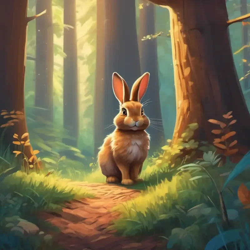Fluffy brown rabbit, bright-eyed, and curious and the owl reach the edge of the forest and see the big wide world.