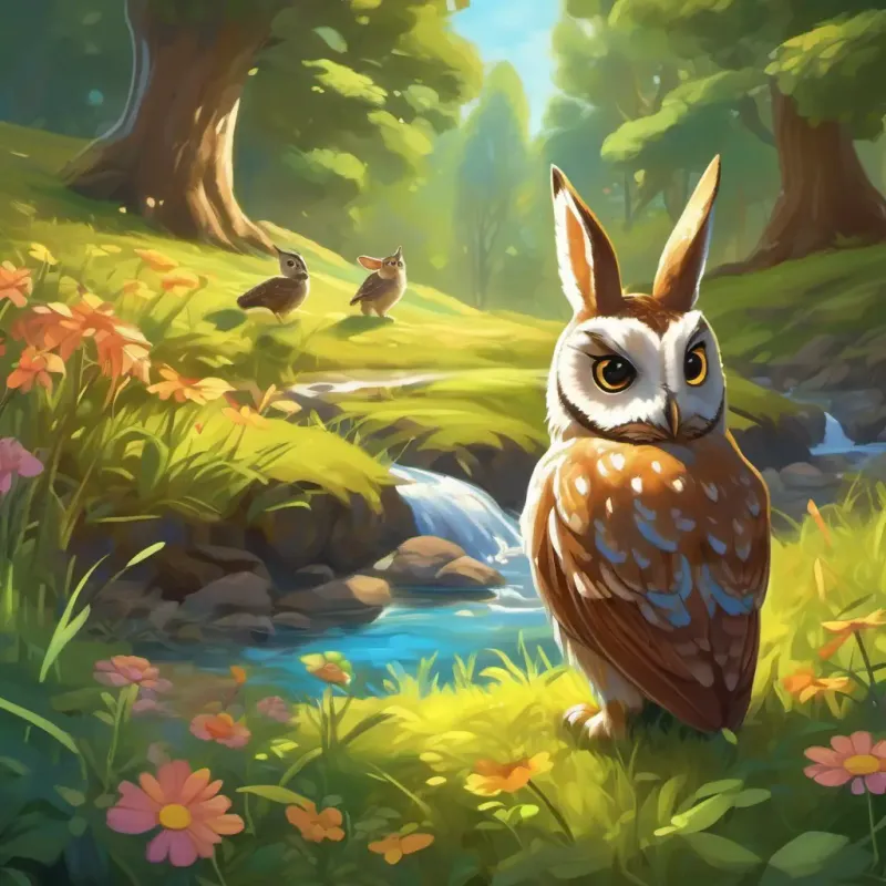 The owl teaches Fluffy brown rabbit, bright-eyed, and curious about the creatures and the secrets of the meadow and the stream.