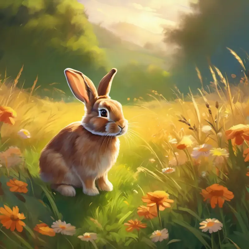 Fluffy brown rabbit, bright-eyed, and curious experiences the wonder and beauty of the meadow for the first time.