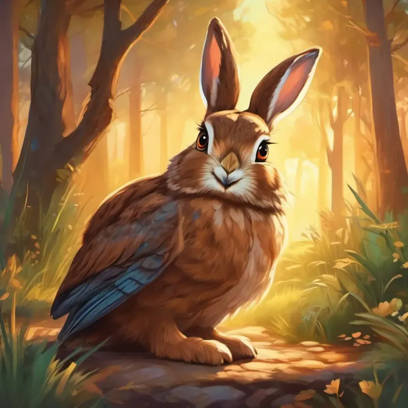 Fluffy brown rabbit, bright-eyed, and curious is thankful for the owl's teachings and looks forward to more adventures with the wise old owl.