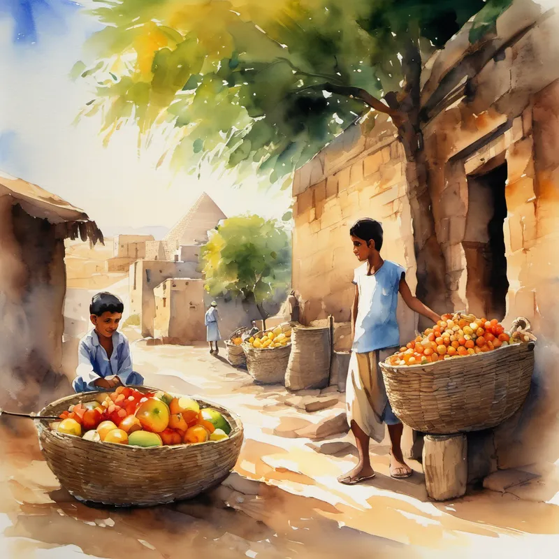 Once upon a time, in the beautiful land of Egypt, there lived a young boy named Amir. Amir belonged to a small but hardworking family. They lived in a cozy village near the Nile River, a place blessed with bountiful farms and warm sunshine. Amir was a curious and adventurous child, always eager to explore the world around him. One day, as he walked through the busy streets of his village, he noticed people engaged in various activities to support their families. Some were selling delicious fruits, while others were crafting beautiful pottery or weaving vibrant tapestries.