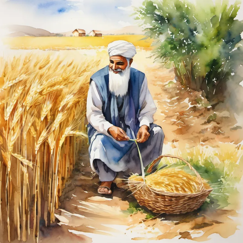 With eagerness in his eyes, Amir asked, "Father, how can I contribute?" His father smiled warmly and replied, "My dear son, I will teach you how to sow the seeds, tend to the plants, and eventually harvest the wheat. This way, you can help sustain our family."