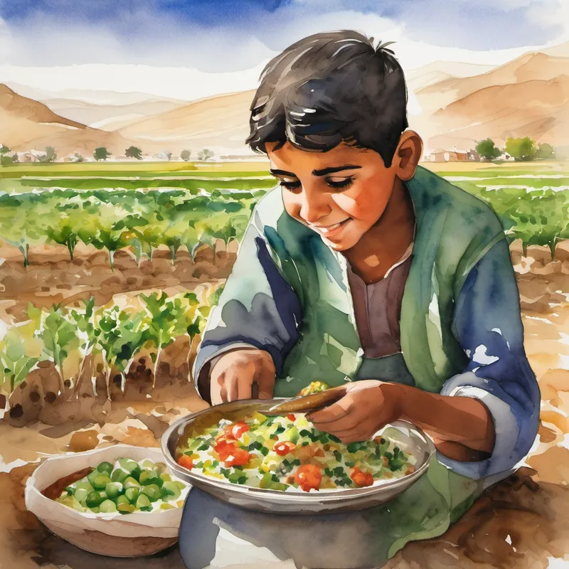 Amir eagerly learned from his father, working in the field alongside him. He realized that farming required patience and careful attention to detail. Day by day, the young boy's knowledge grew, and his contribution to the family extended further. However, Amir's quest to help didn't end in the fields. His mother taught him how to make delicious traditional Egyptian dishes, showing him the importance of sharing meals and spreading joy around the dinner table.