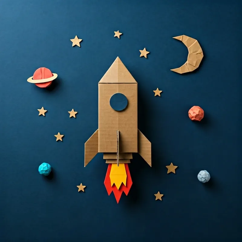 Cardboard rocket ship surrounded by stars, planets, and a crescent moon