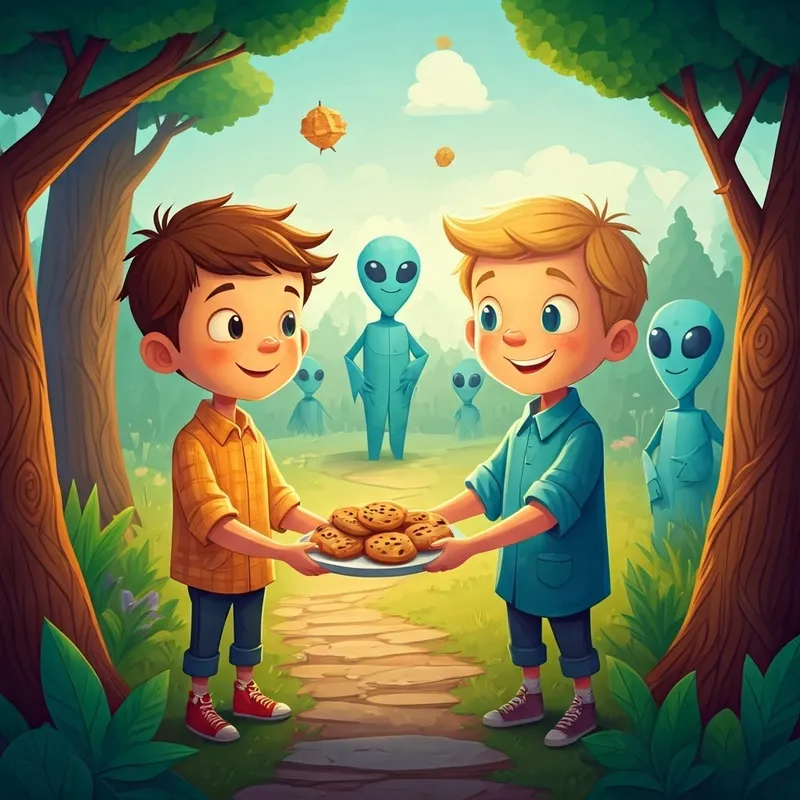 Curious and adventurous boy with brown hair and bright eyes and Cheerful and imaginative boy with blonde hair and a big smile offering a plate of peanut butter cookies to the aliens in their backyard