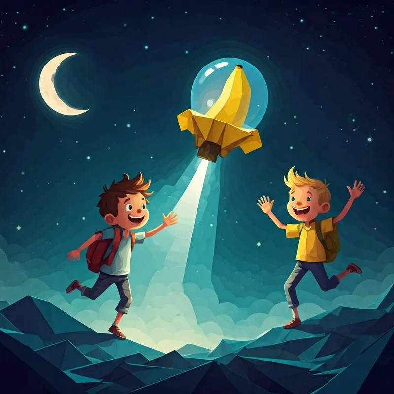 The banana spaceship flying off into the night sky as Curious and adventurous boy with brown hair and bright eyes and Cheerful and imaginative boy with blonde hair and a big smile wave goodbye