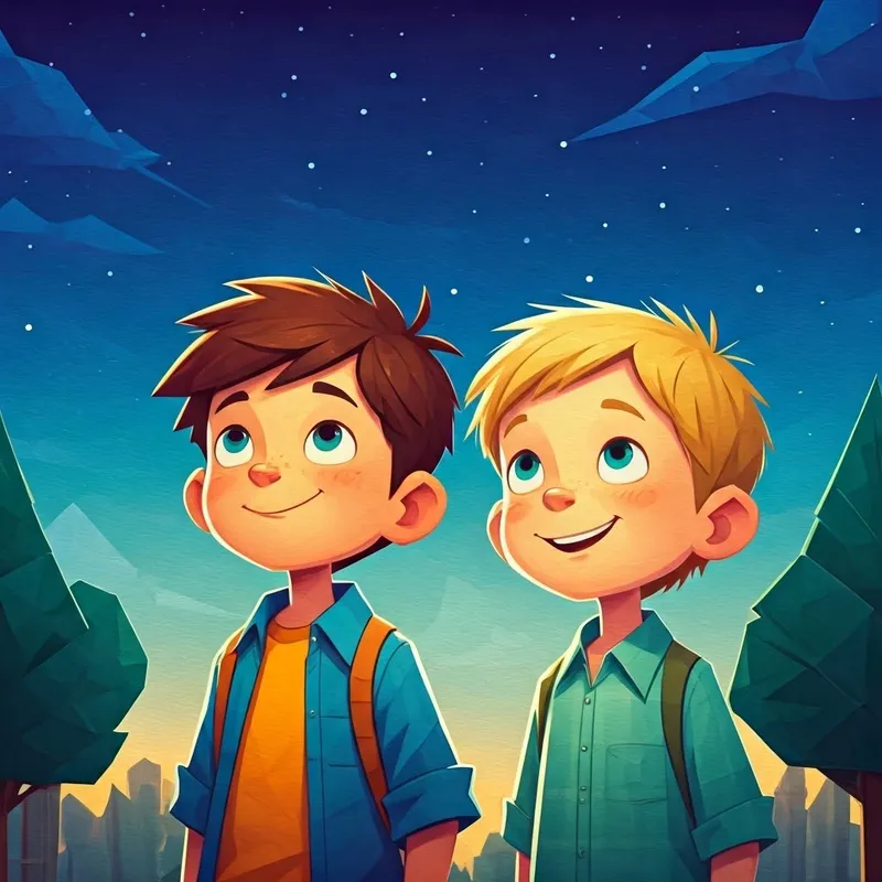 Curious and adventurous boy with brown hair and bright eyes and Cheerful and imaginative boy with blonde hair and a big smile standing in their backyard, looking up at the starry sky