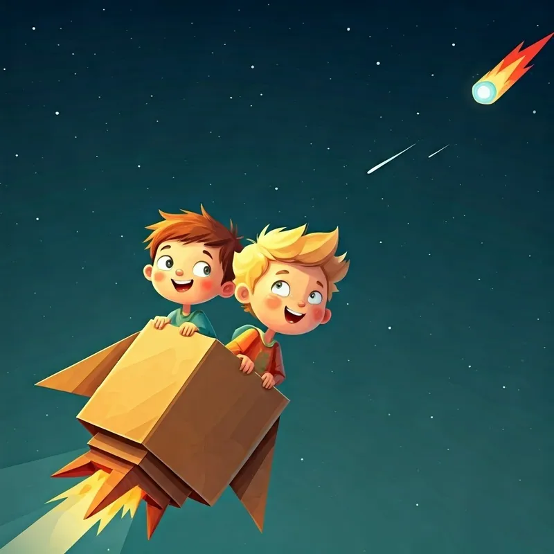 Curious and adventurous boy with brown hair and bright eyes and Cheerful and imaginative boy with blonde hair and a big smile in their cardboard rocket, looking in awe at a comet shooting past them