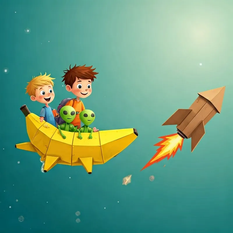 A banana-shaped spaceship with aliens peering out of the windows, flying past Curious and adventurous boy with brown hair and bright eyes and Cheerful and imaginative boy with blonde hair and a big smile's cardboard rocket
