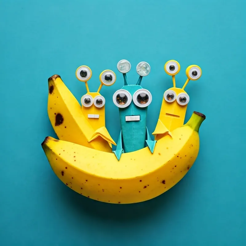 Three friendly aliens with antennas and marble-like eyes peering out of the banana spaceship
