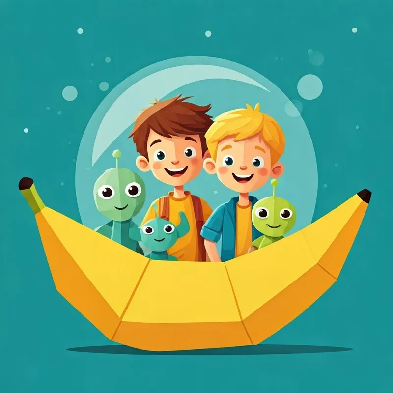 Curious and adventurous boy with brown hair and bright eyes and Cheerful and imaginative boy with blonde hair and a big smile inside the banana spaceship with the three friendly aliens, smiling