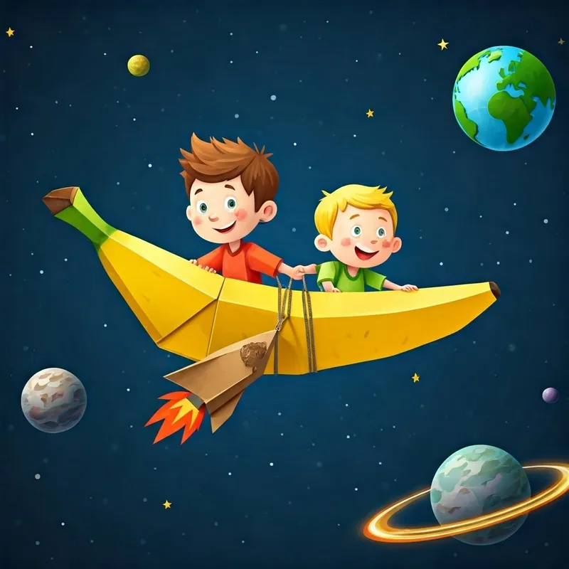 The banana spaceship flying through space with Curious and adventurous boy with brown hair and bright eyes and Cheerful and imaginative boy with blonde hair and a big smile's cardboard rocket attached, heading towards Earth