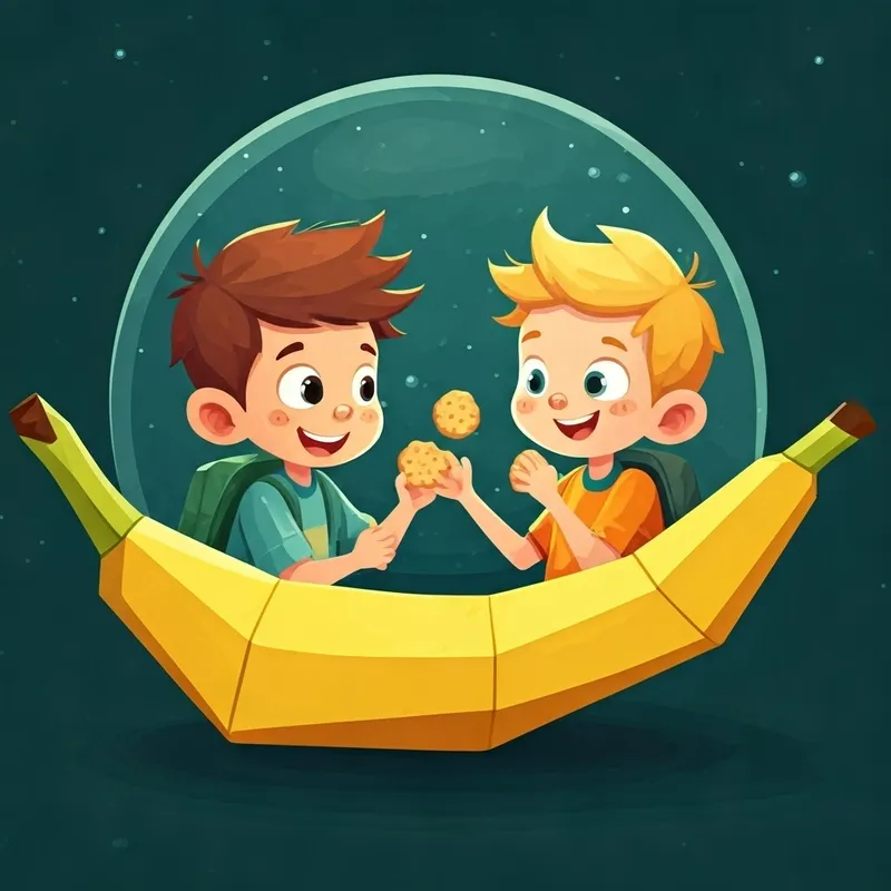 Inside the banana spaceship, Curious and adventurous boy with brown hair and bright eyes and Cheerful and imaginative boy with blonde hair and a big smile laughing with the aliens, who are trying Earth crackers