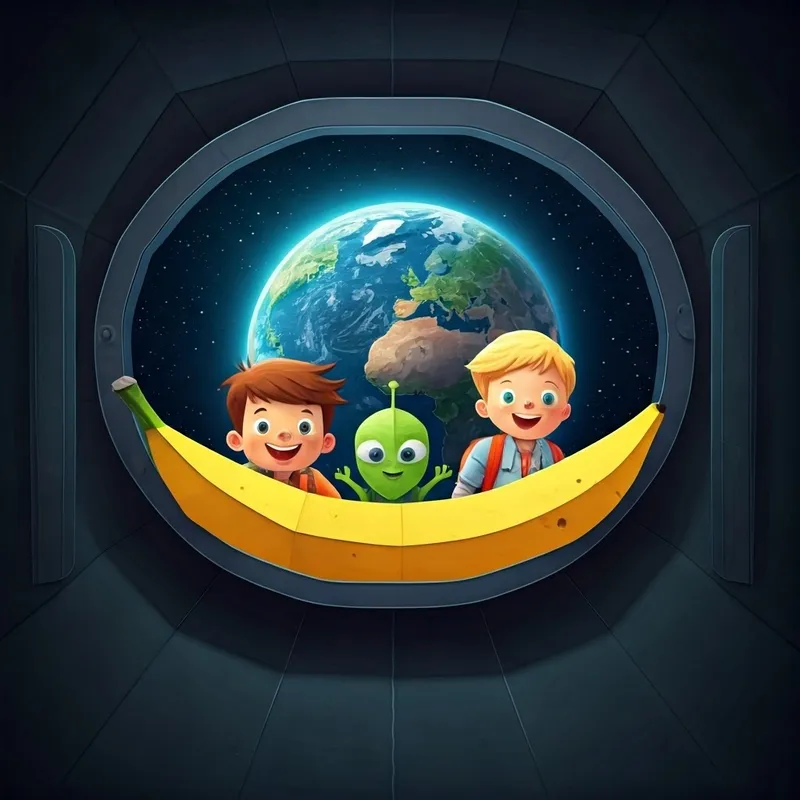 Earth seen from the banana spaceship's window, with Curious and adventurous boy with brown hair and bright eyes and Cheerful and imaginative boy with blonde hair and a big smile and the aliens looking excited
