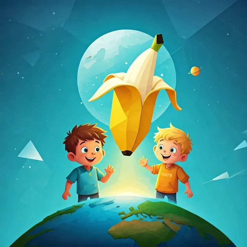 The banana spaceship landing in Curious and adventurous boy with brown hair and bright eyes and Cheerful and imaginative boy with blonde hair and a big smile's backyard on Earth