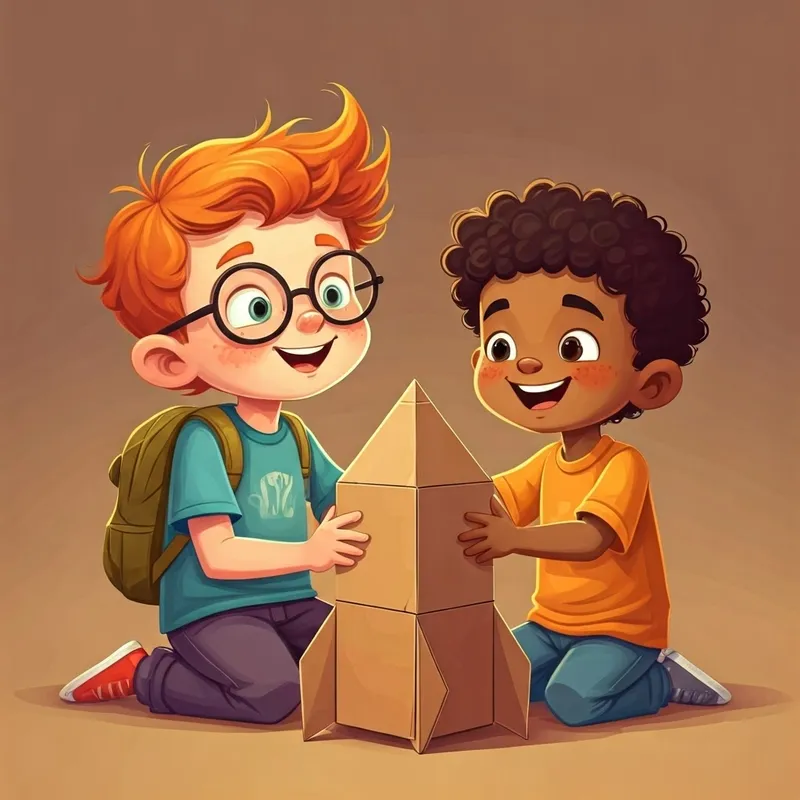 Two boys, Curious and adventurous boy with red hair and bright eyes with glasses and Cheerful and imaginative small hispanic boy with black hair and a big smile, building a cardboard rocket ship in their living room