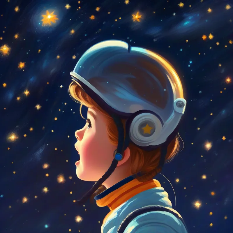 Curious girl with braided hair, wearing a space suit looking up at the stars, a twinkle in her eye