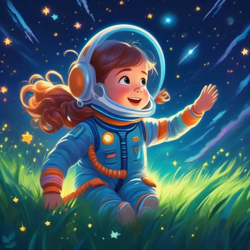 Curious girl with braided hair, wearing a space suit lying on the grass, stars above, reaching out to a shooting star