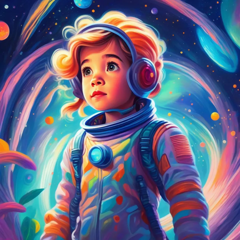 Curious girl with braided hair, wearing a space suit standing wide-eyed in front of a spaceship, colors bursting