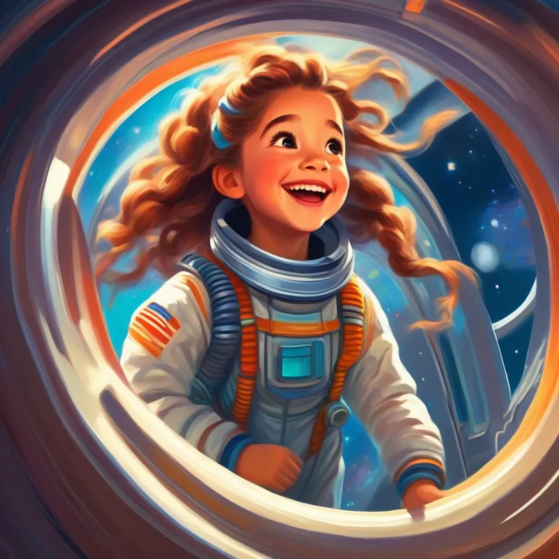 Curious girl with braided hair, wearing a space suit entering the spaceship, grinning with excitement