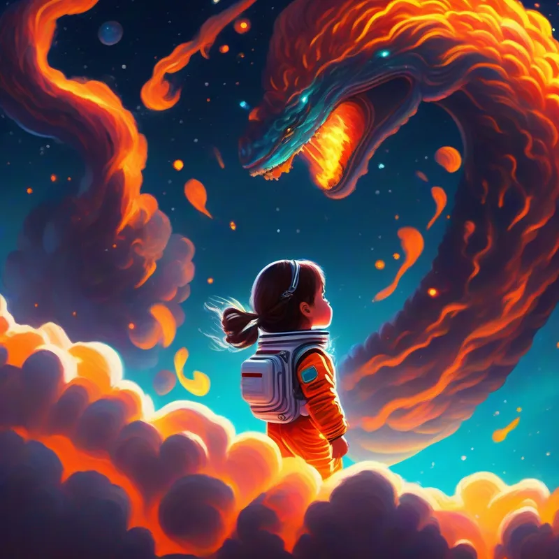 Curious girl with braided hair, wearing a space suit floating in space, looking at a huge monster breathing fire