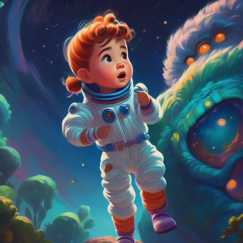 Curious girl with braided hair, wearing a space suit with a determined expression, pointing at the monster