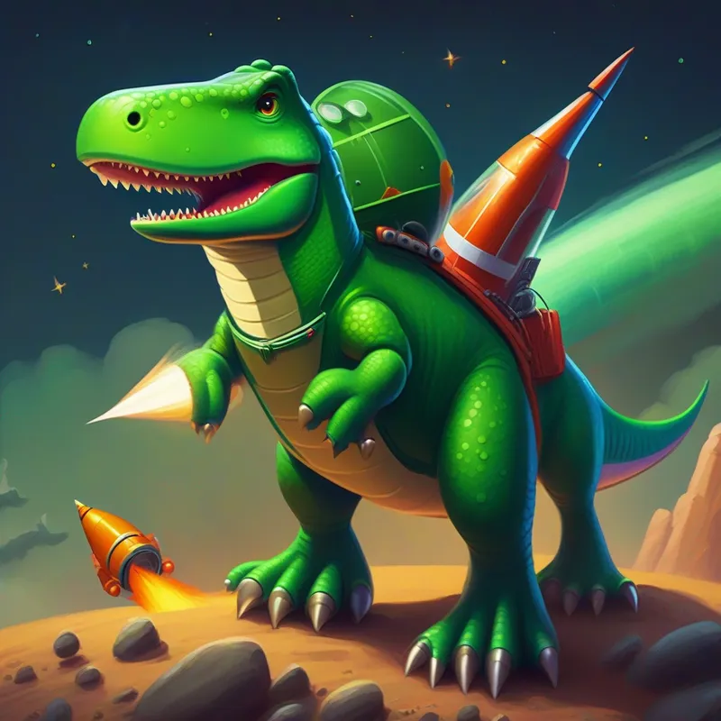 A green dinosaur with a rocket hat and goggles standing next to his rocket ship, ready for takeoff
