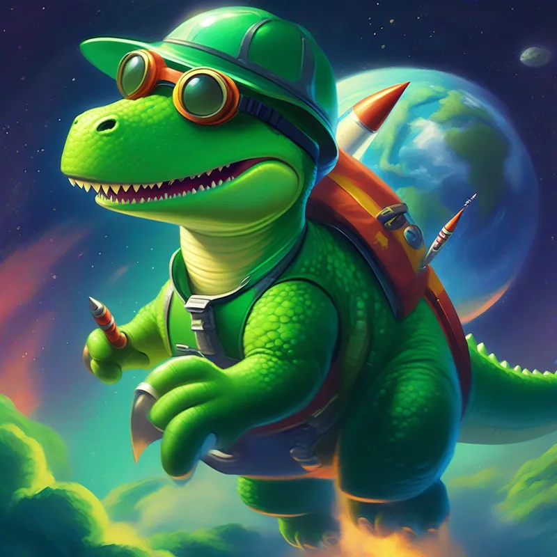 A green dinosaur with a rocket hat and goggles flying in his rocket, looking at Earth and Mercury