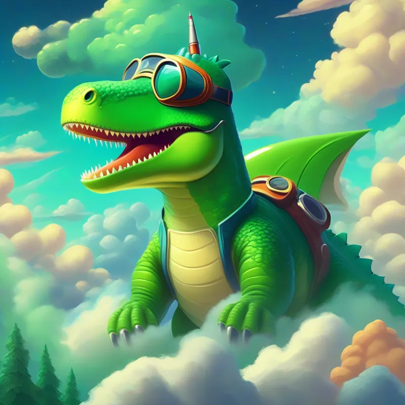 A green dinosaur with a rocket hat and goggles thinking, surrounded by clouds and Venus
