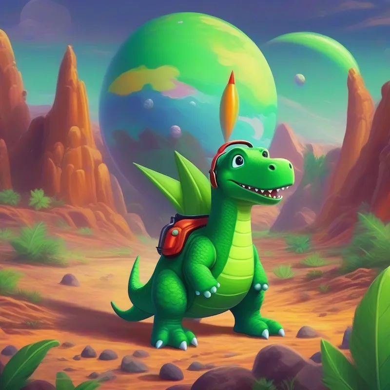 A green dinosaur with a rocket hat and goggles landing on Venus and exploring the rocky surface