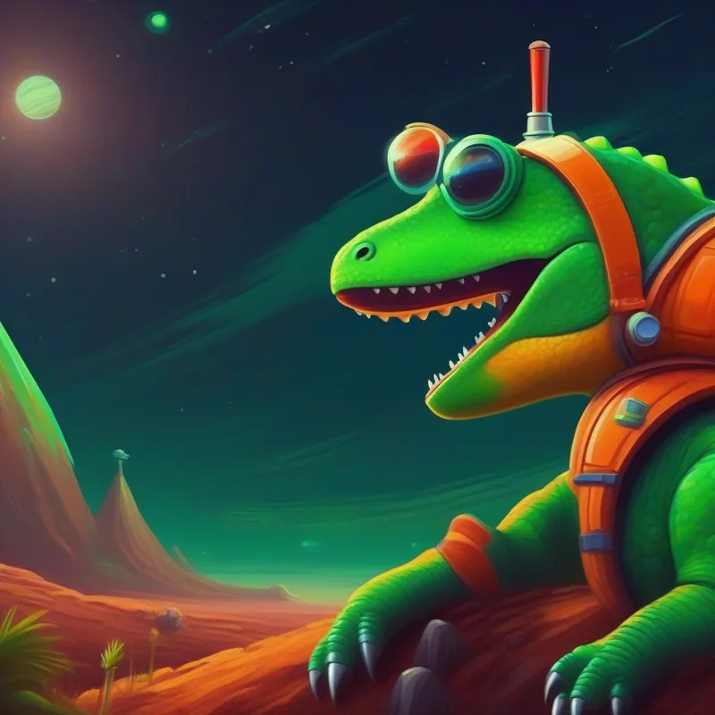 A green dinosaur with a rocket hat and goggles looking at Mars, worried about his fuel running low