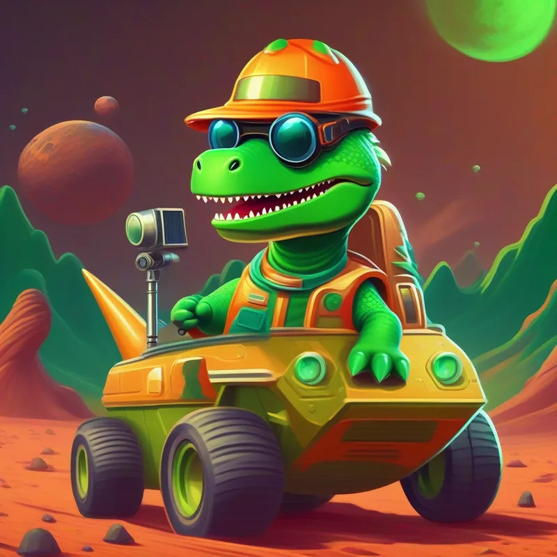 A green dinosaur with a rocket hat and goggles driving his rover on Mars, collecting data and taking pictures