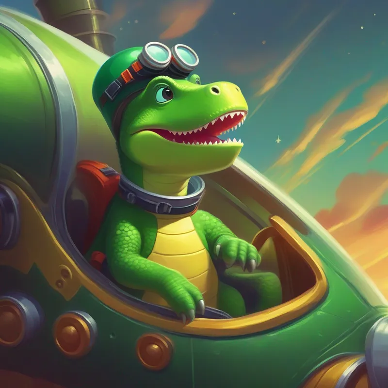 A green dinosaur with a rocket hat and goggles looking out from his rocket ship, feeling proud and accomplished