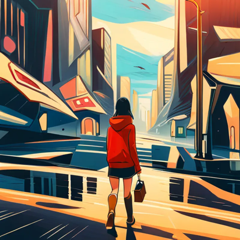 Emily walks down a futuristic city street