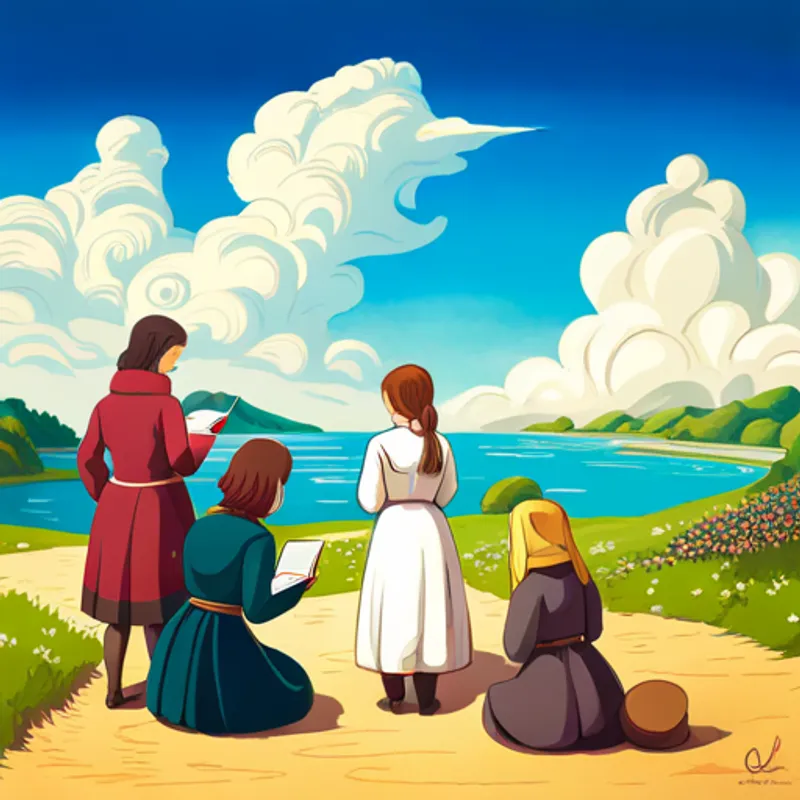 Emily surrounded by girlren, teaching them about the world