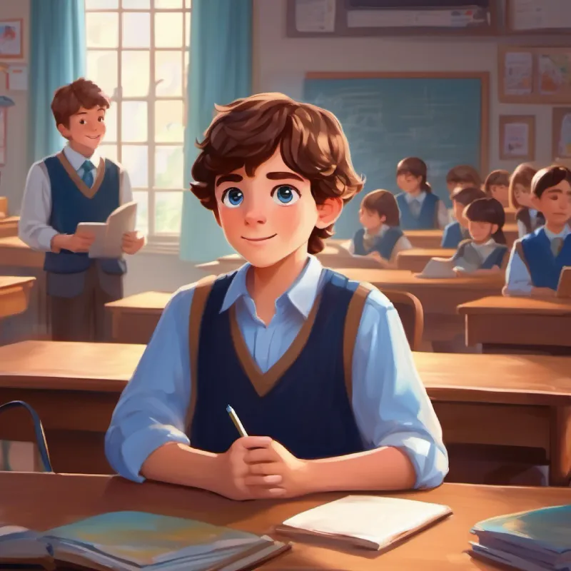 Smart, uses voice and device to talk, brown hair, blue eyes at school asks teacher for help using his voice.